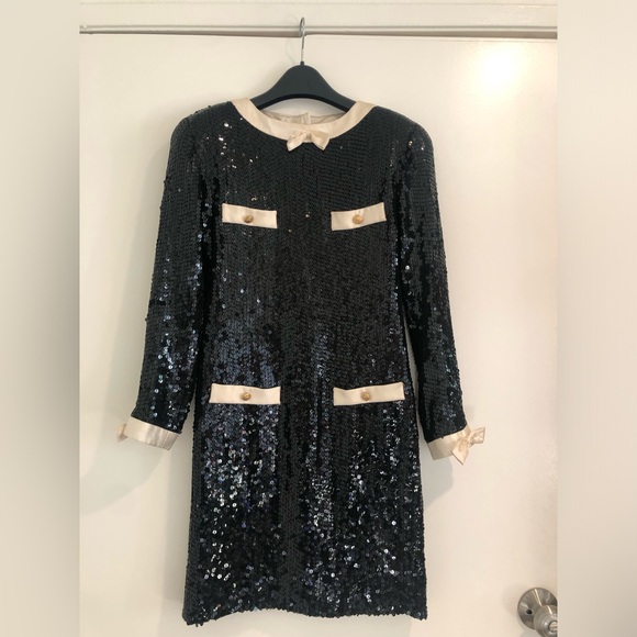 Vintage Black Sequined Cocktail Dress 80’s Long Sleeve Jeanette for St. Martin S - Picture 4 of 9